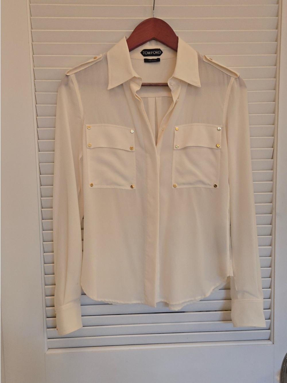Tom Ford Cream Silk Blouse with Gold Grommet detail size 36